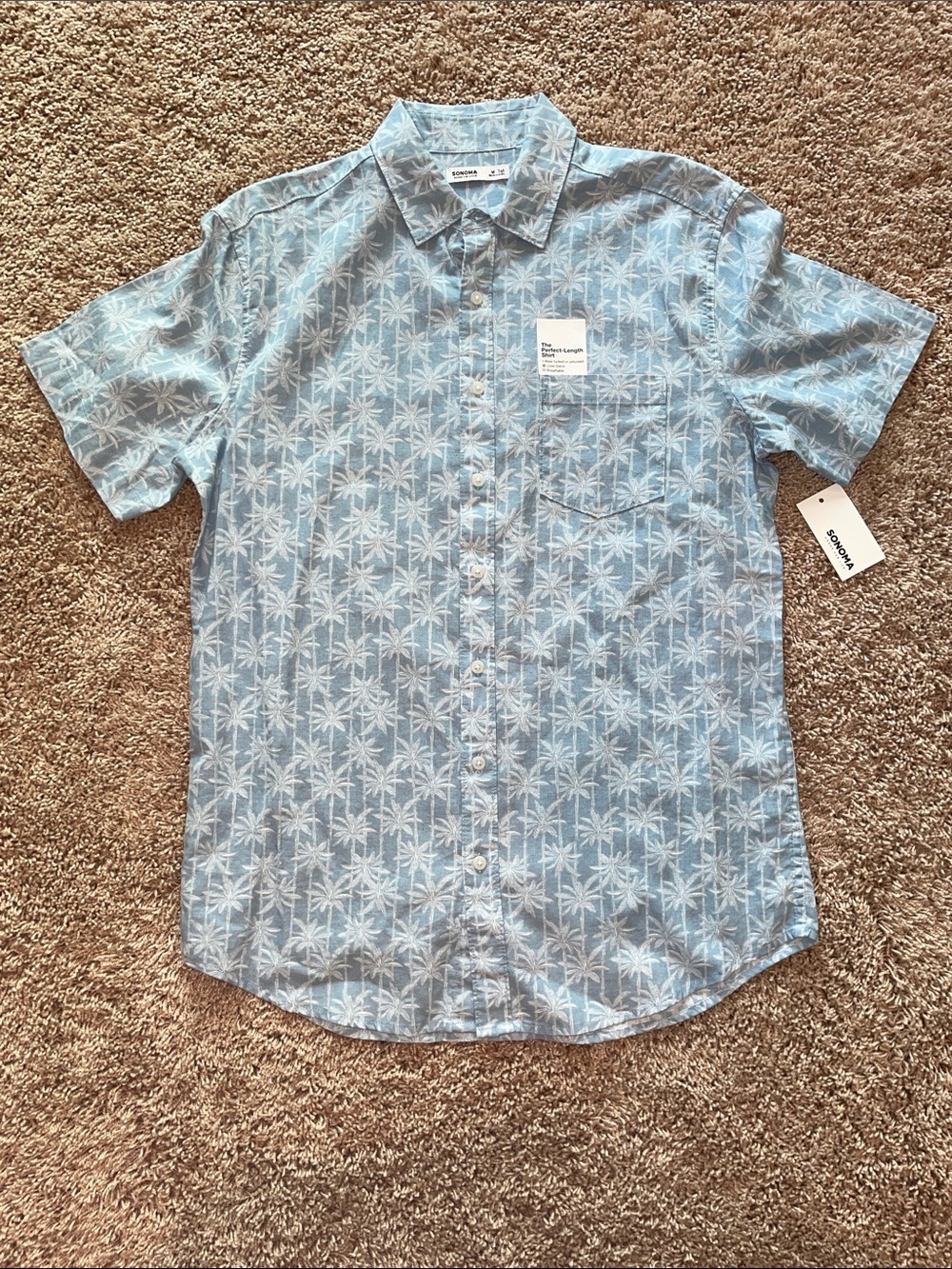 NWT Sonoma Men's Light Blue Palm-Print Short Sleeve Shirt size medium tall